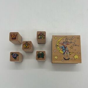 Lot of Mary Engelbreit Ink Wooden Stamps On the Moon 593F & 5 Mini